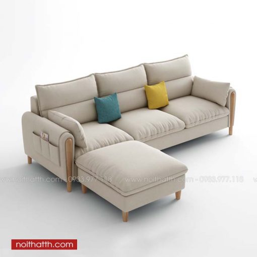 Sofa nỉ góc chân gỗ đệm xám trắng