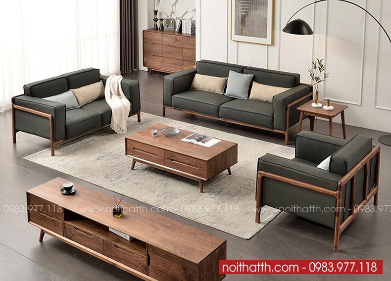 Sofa gỗ chữ U đệm màu đen